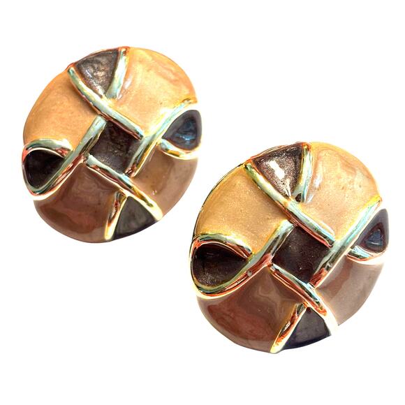 Chunky clip on earrings beige & sage swirl enamel on gold tone vintage runway - Picture 2 of 5